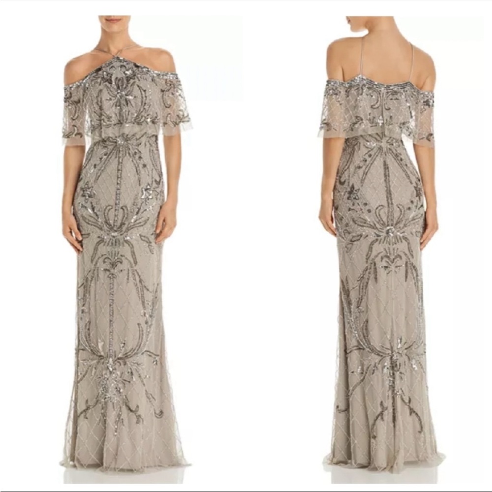 Nude Gray cold Shoulder Beaded Sequin Formal Gown Maxi Dress size 4